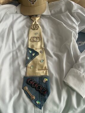 Womens Custom Satin Tie with Blue Denim Patches and Crystal Accents